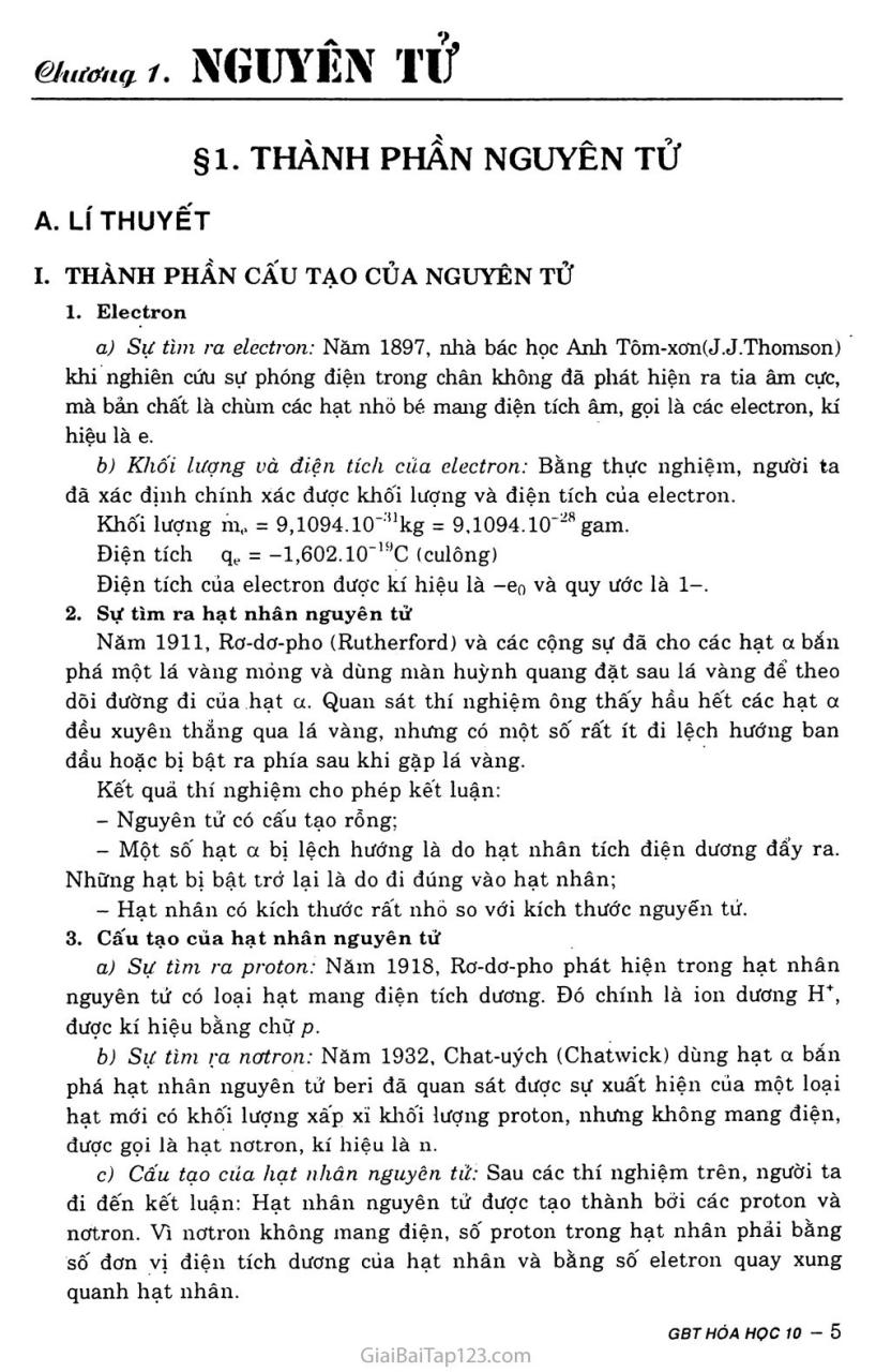 Giải Bài Tập Hóa 10 Bài 1: Thành Phần Nguyên Tử