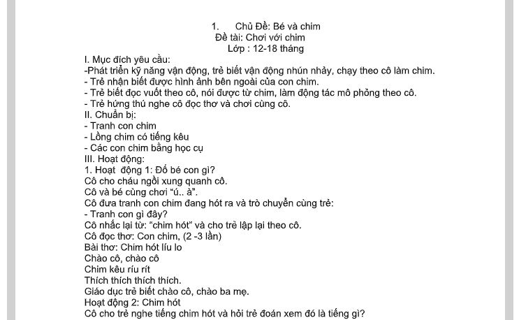 Giáo Án Nhà Trẻ 12-24 Tháng Nhiều Chủ Đề - Tải Miễn Phí - Phú Long Blog