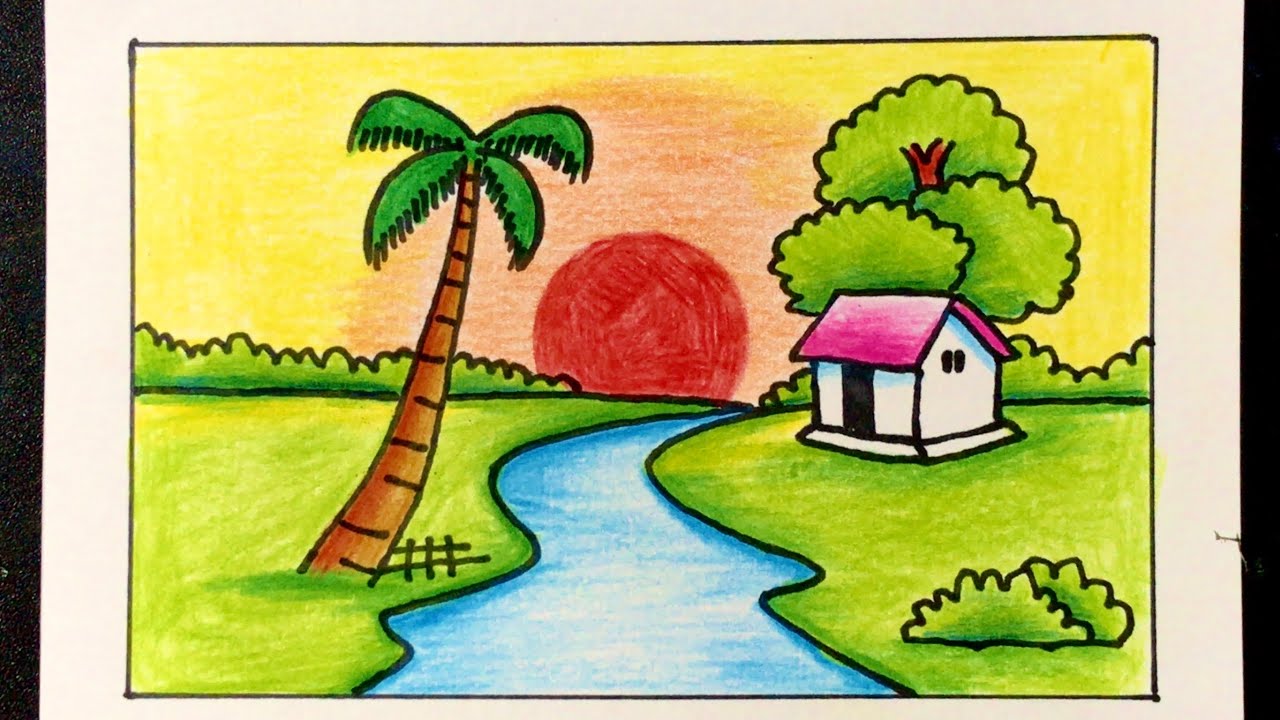 Vẽ Tranh Đề Tài Phong Cảnh Bình Minh Đơn Giản Mà Đẹp | How To Draw Sunrise  Scenery - Youtube