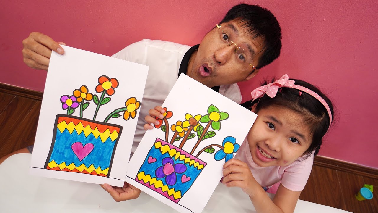 Bé Bún Hướng Dẫn Bố Vẽ Chậu Hoa - Drawing Flower - Youtube